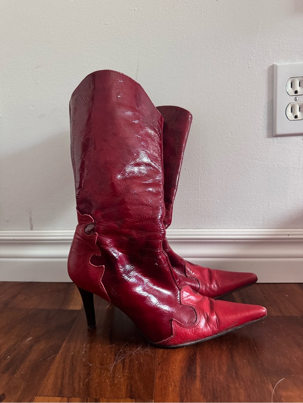 Red Pointed-Toe Mid-Calf Heeled Boots